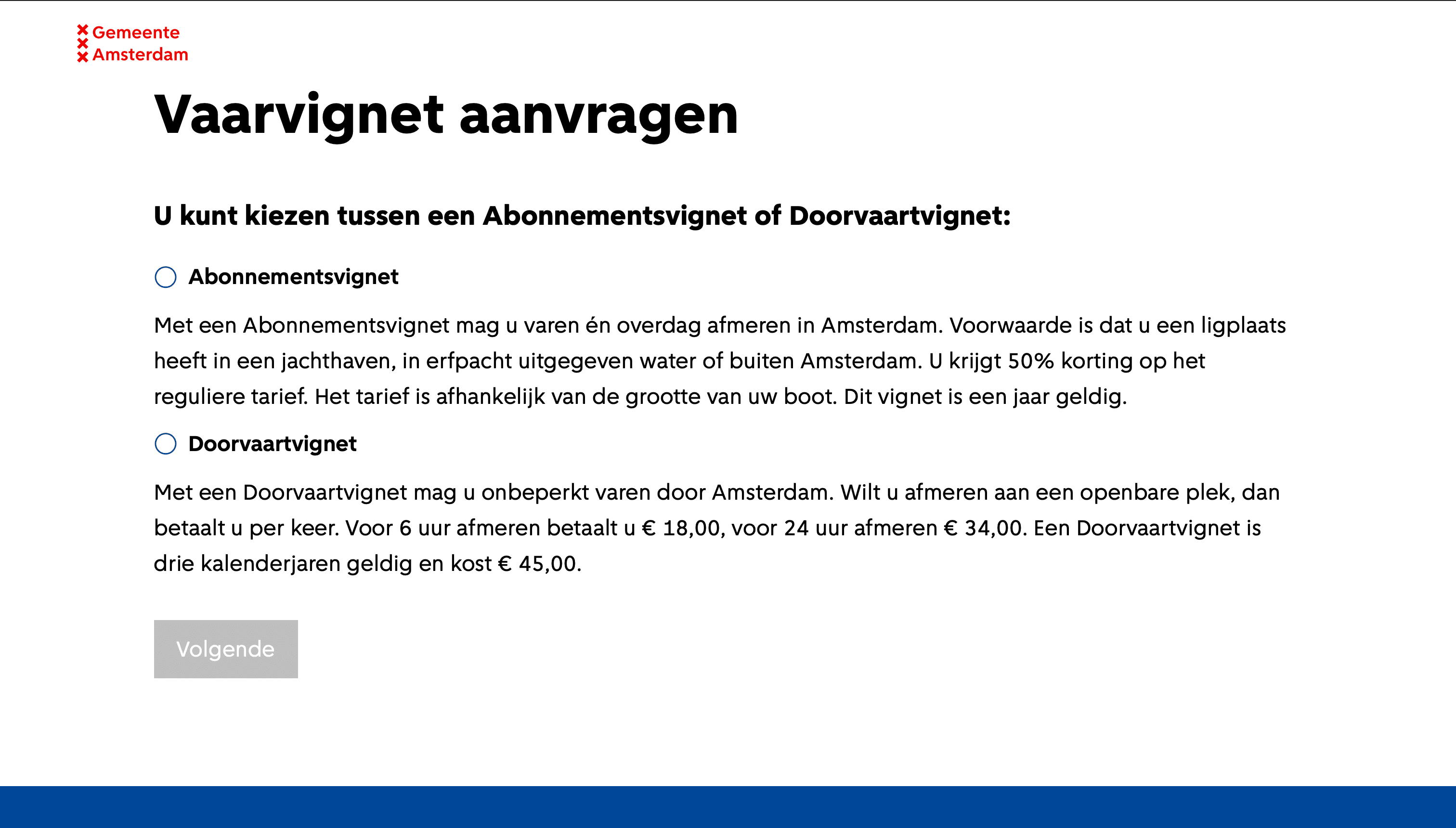 Het begin van het aanvragen van een vaarvignet in het aanvraagportaal