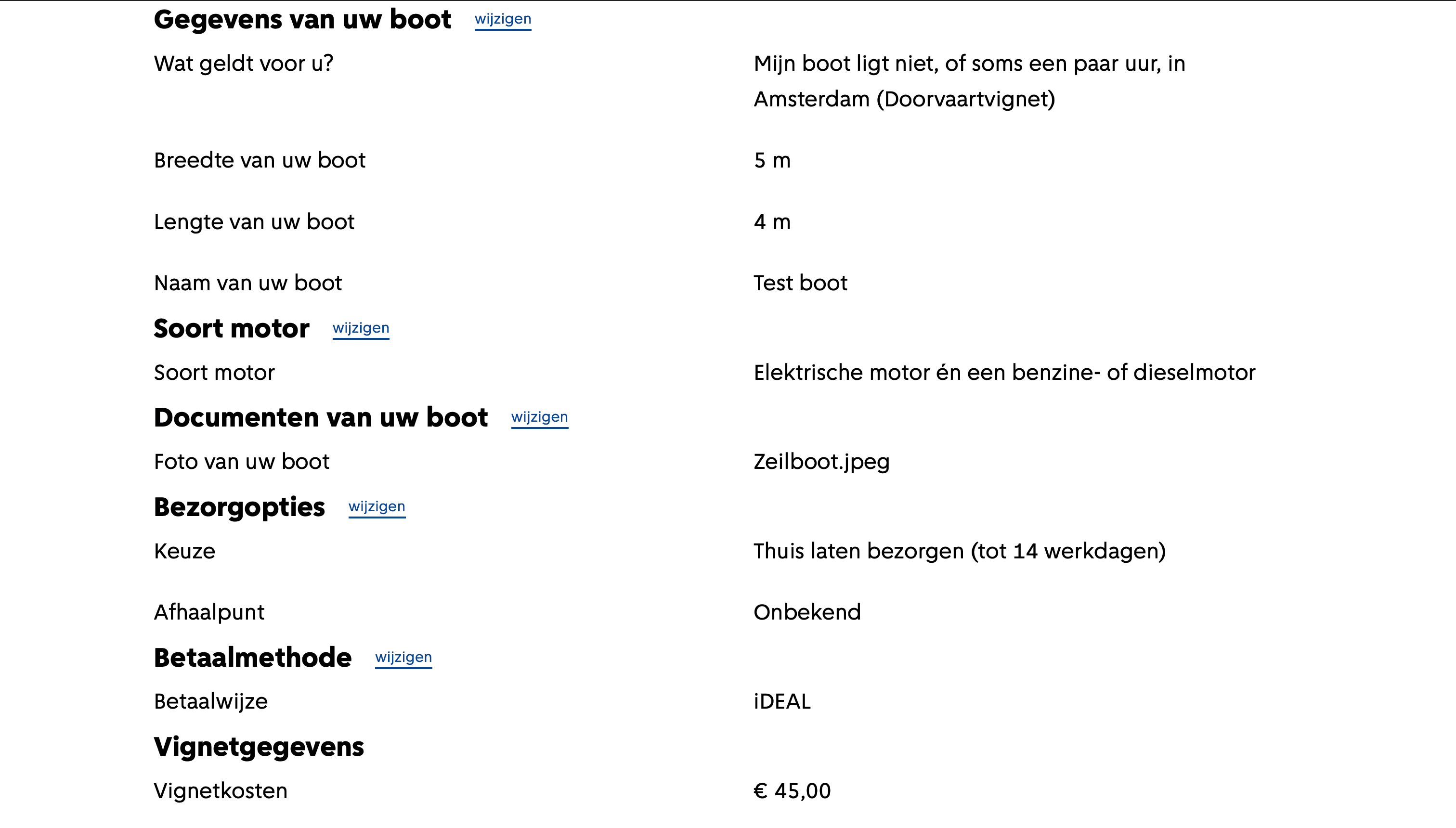 Het betaaloverzicht in het aanvraagportaal, met details van de aanvraag en de betaalmethode