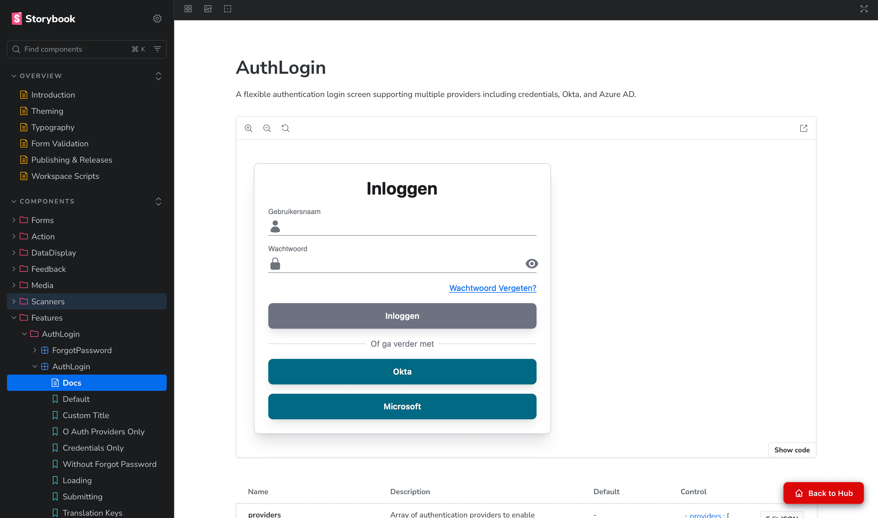 Authentificatiecomponenten zoals login-formulier en sso login buttons, gedocumenteerd in Storybook