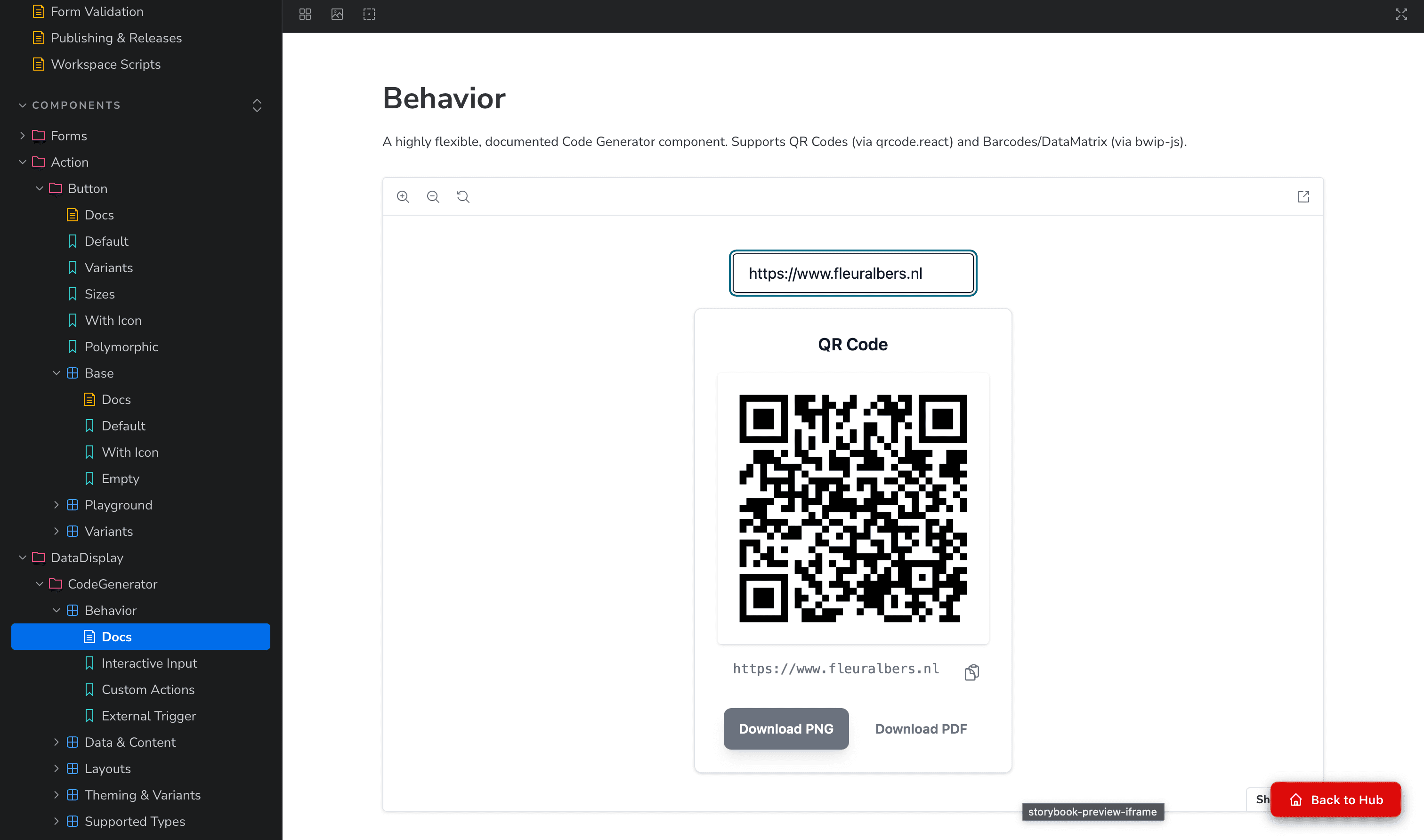 QR-code generator component in actie, met opties voor styling en voorbeeldweergave