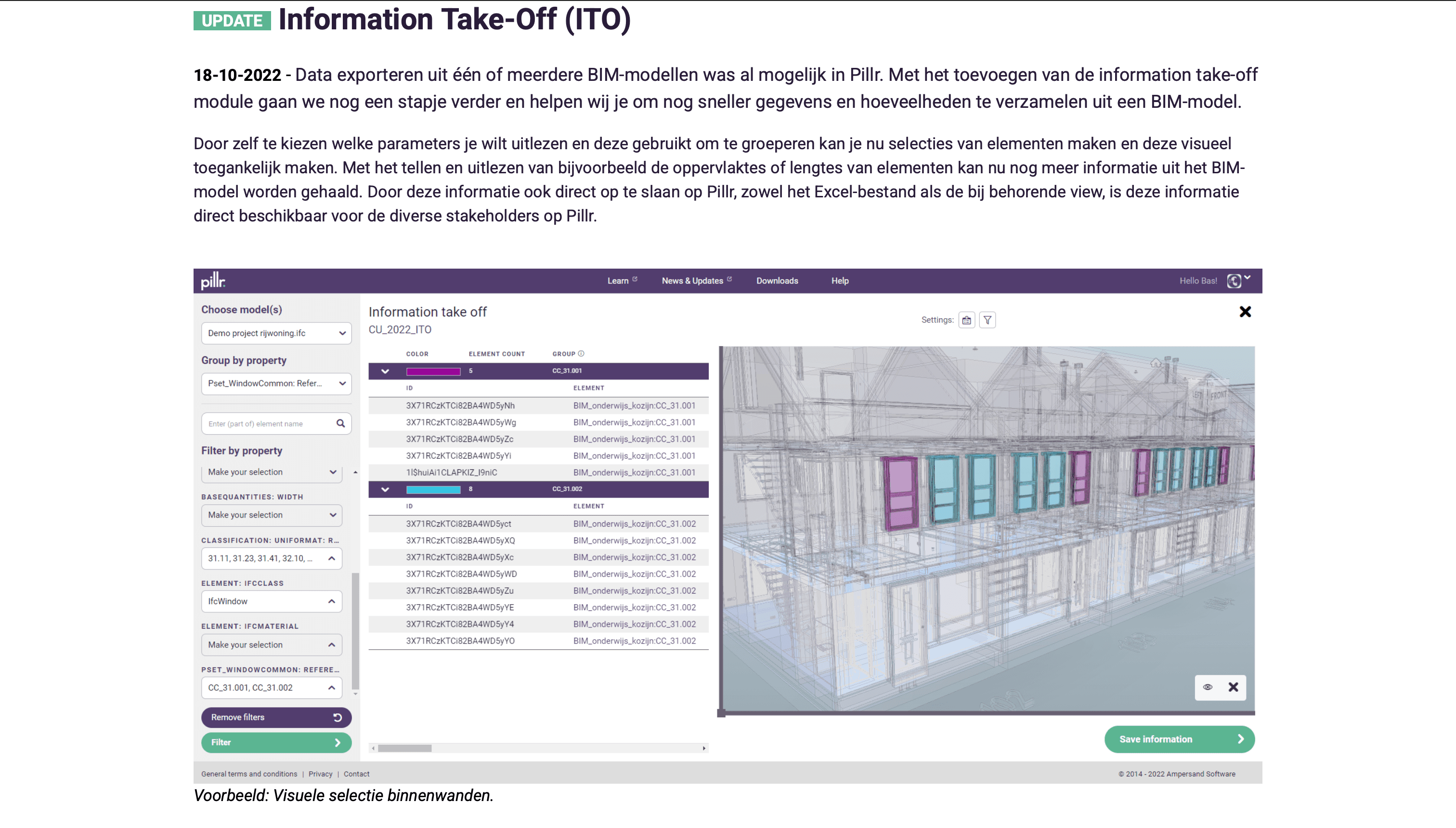Information take off (ITO) dashboard in Pillr, met modelgegevens, indicatoren en filters om inzicht te krijgen