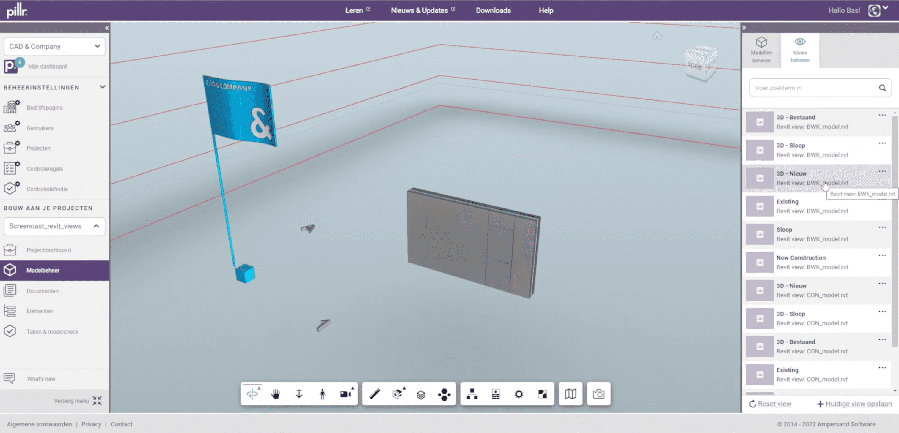 Modelbeheer in Pillr, met een lijst en views van geüploade modellen, details en een 3D viewer voor inspectie