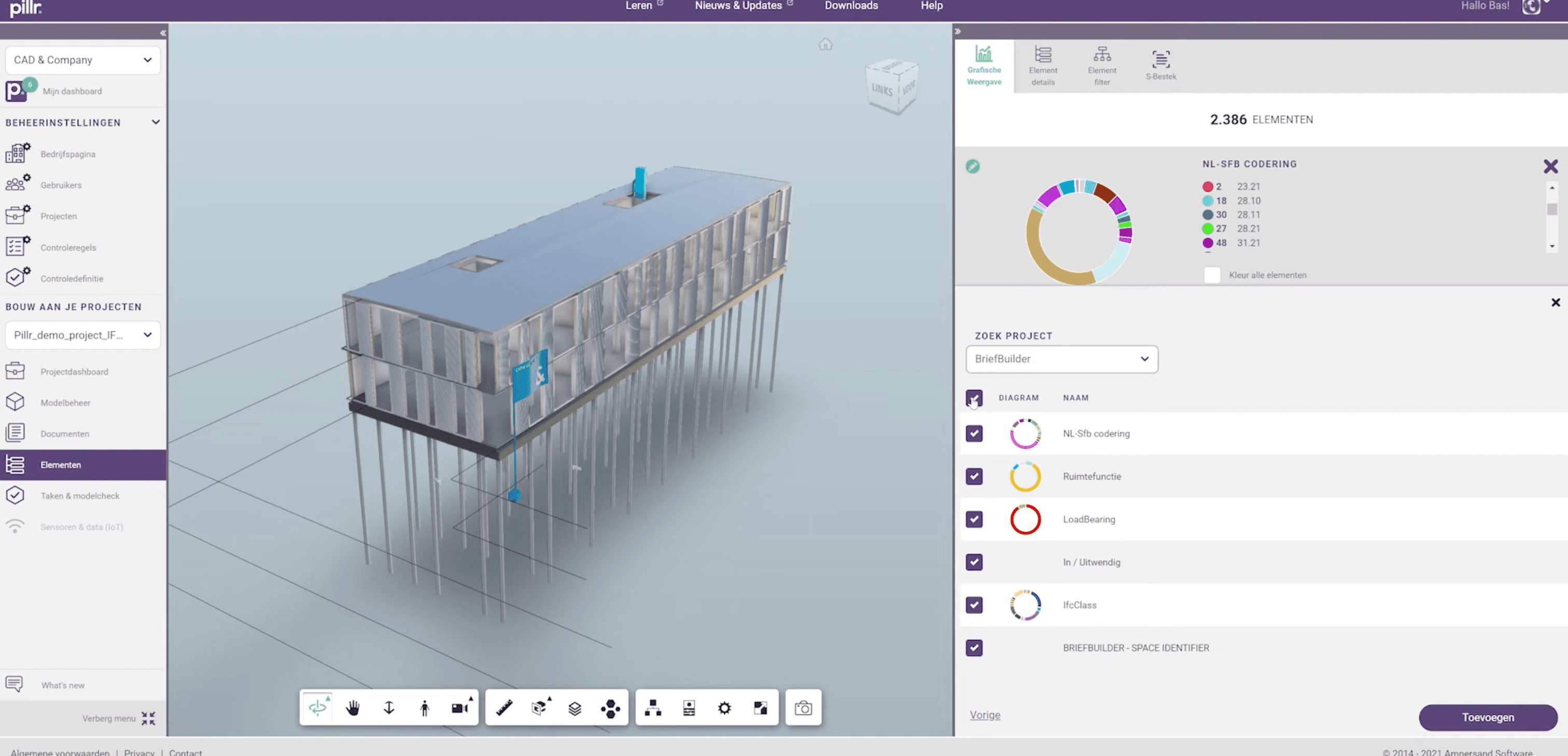 Het aanmaken van diagrammen in Pillr, met een interface voor het selecteren van modeldata, visualisatieopties en filters voor inzicht in bouwdata